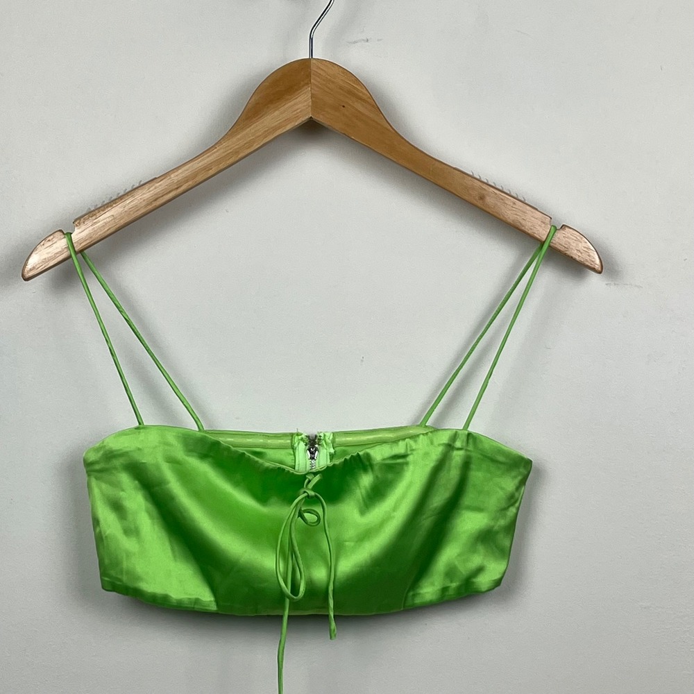 Superdown Lime Green Satin Crop Top Bandeau Cami Back Zip XS - Picture 1 of 7
